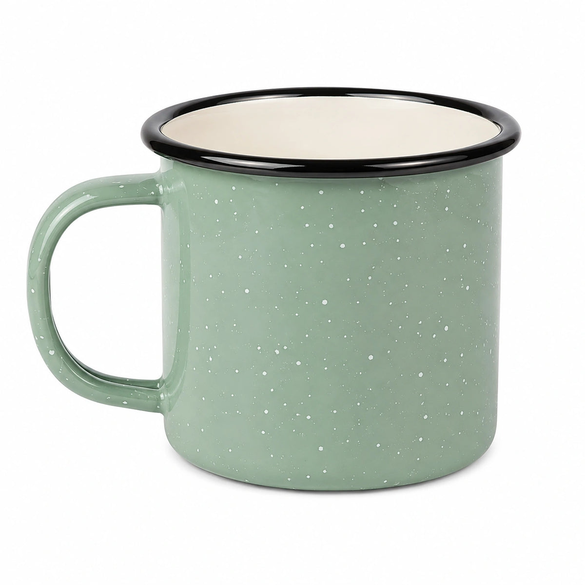 Emaille Tasse 350 ml Salbeigrün mit Sprenkelmuster für Heißgetränke