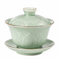 Gaiwan Teeschale 150 ml aus Porzellan hellgrün mit Lotusrelief und Deckel