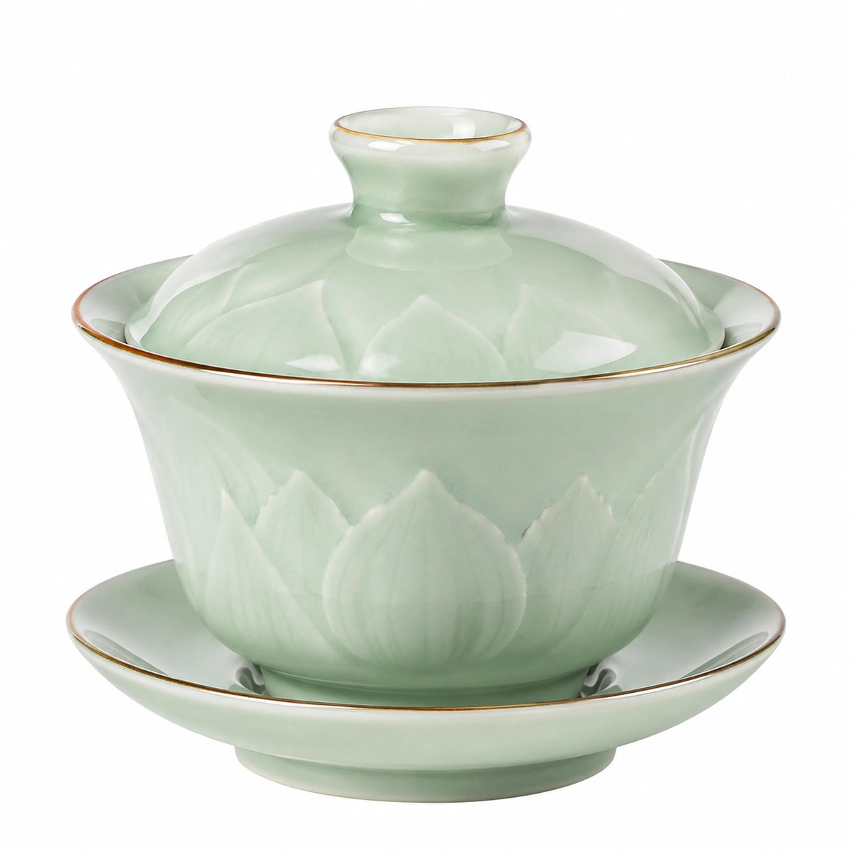 Gaiwan Teeschale 150 ml aus Porzellan hellgrün mit Lotusrelief und Deckel