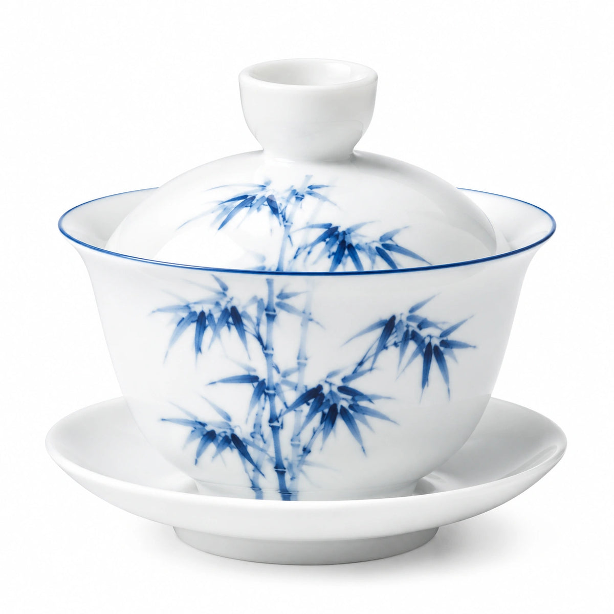 Porzellan Gaiwan 180 ml 10.50 cm Weiß Blau mit Bambusdekor traditionelles Teegefäß