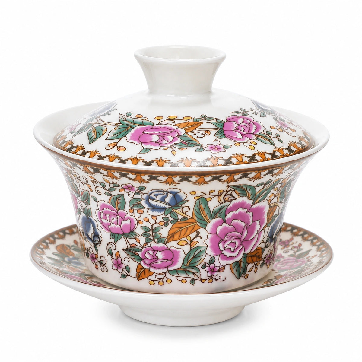 Porzellan Gaiwan Teetasse 180 ml Weiß mit Blumenmuster und Deckel