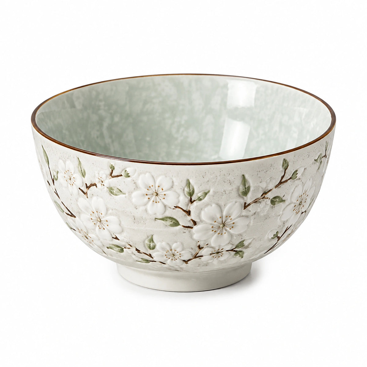 Keramikschüssel 20 cm Weiß Grün mit Blumenrelief zum Servieren