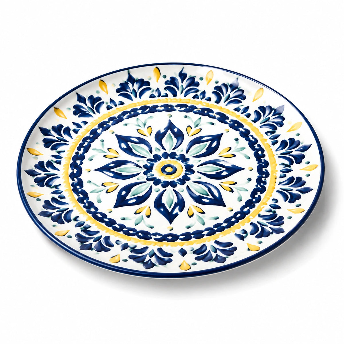 Ovale Servierplatte 40 x 30 cm aus Keramik in Weiß Blau Gelb mit Blumenmuster