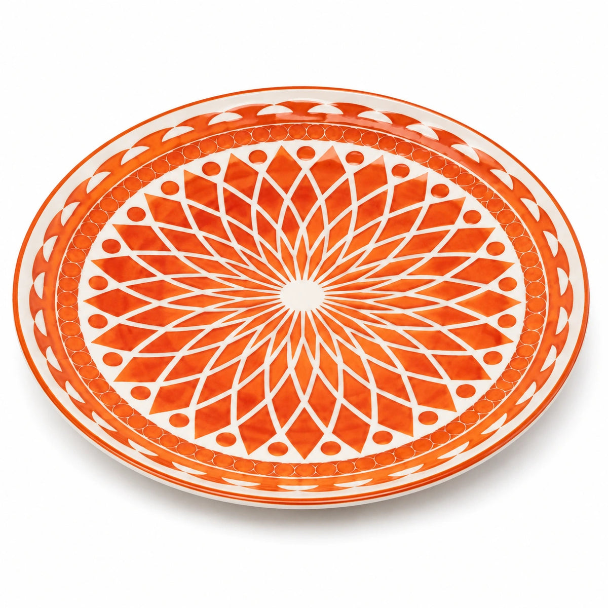 Keramikteller 30 cm Orange Weiß rund mit geometrischem Muster zum Servieren