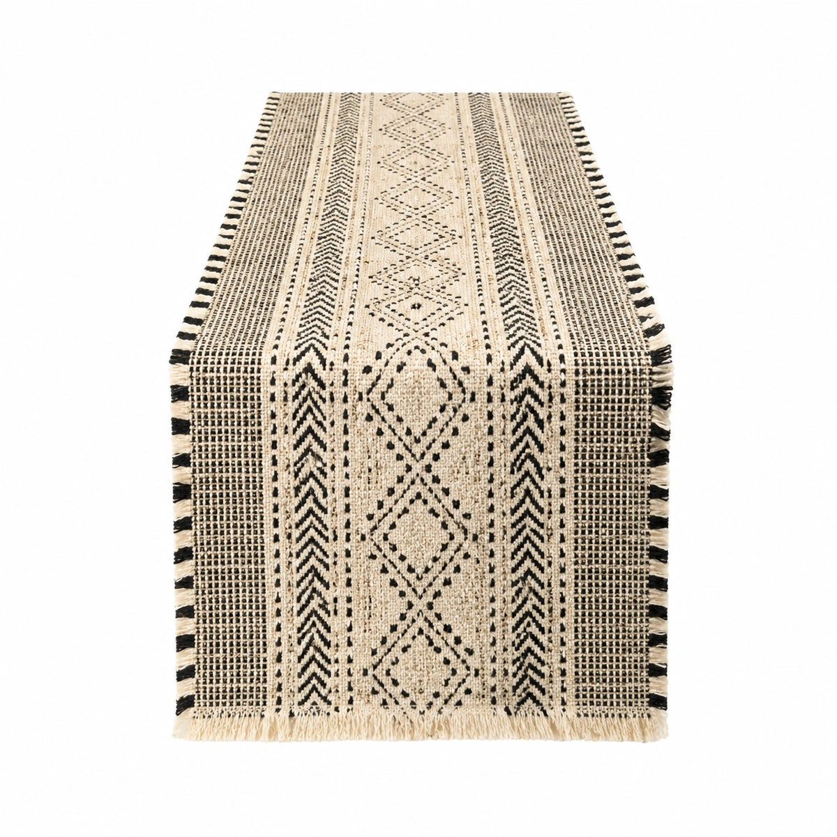 Tischläufer 45 x 180 cm Baumwolle Beige Schwarz mit geometrischem Muster und Fransen