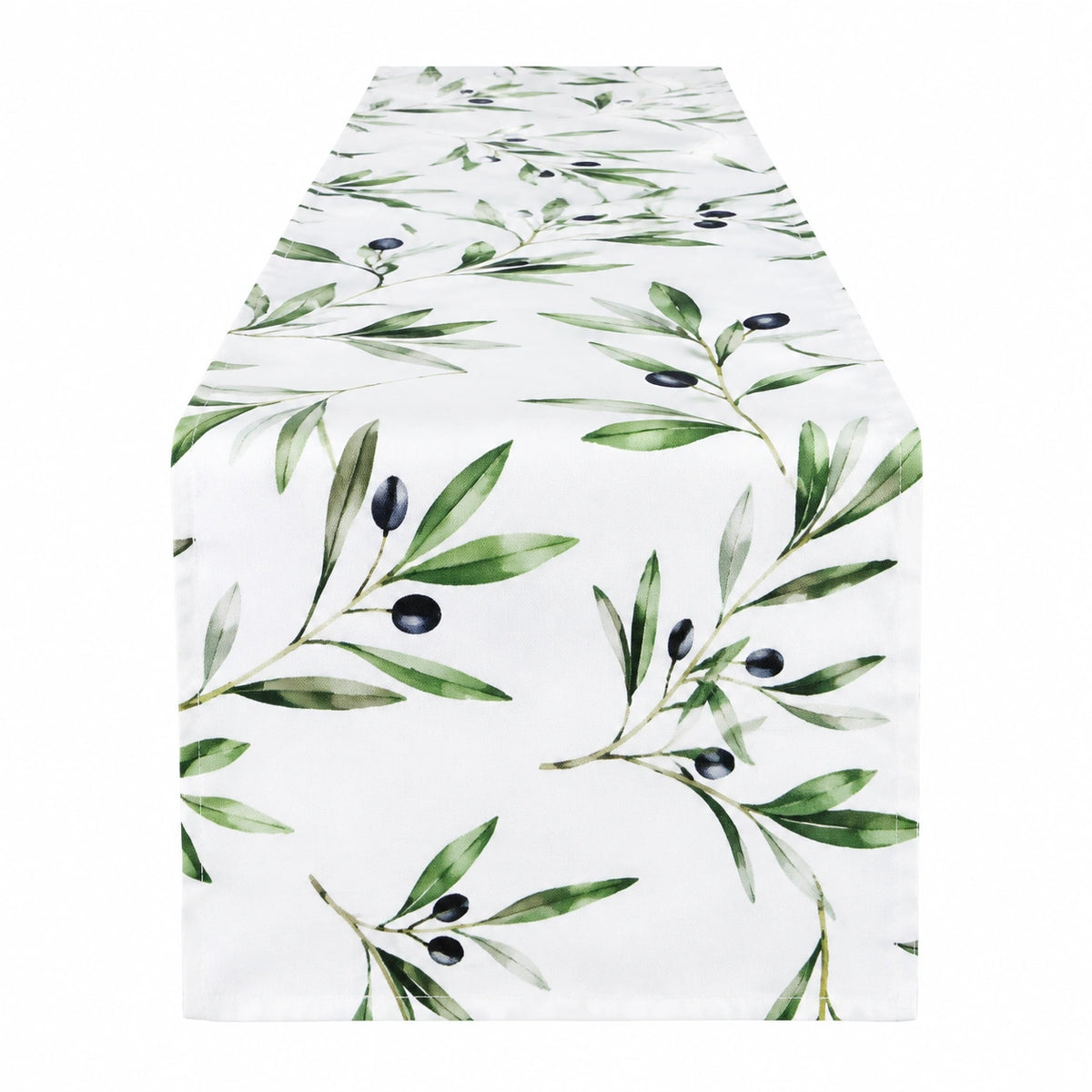 Tischläufer 180 x 33 cm aus Polyester Weiß Grün mit Olivenzweigen